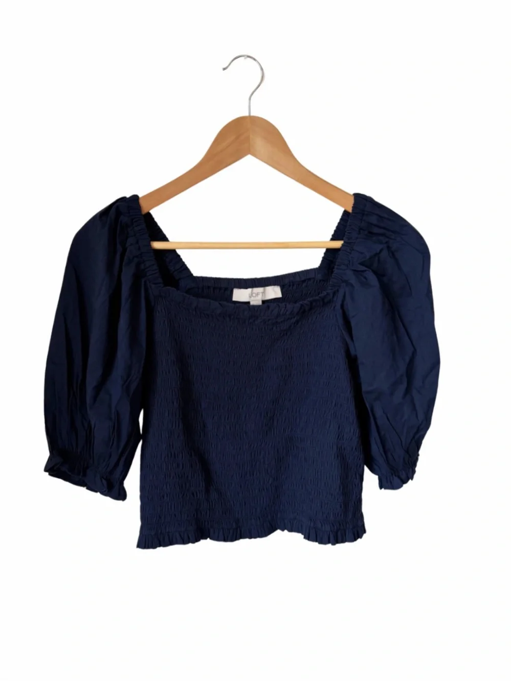 LOFT Navy Smocked Square-Neck Puff Sleeve Top